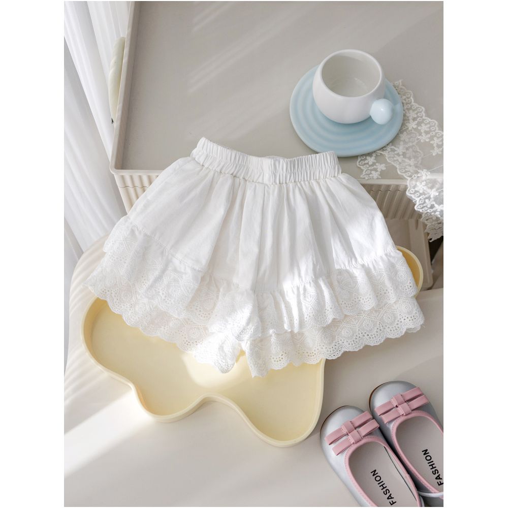 Girls Korean Edition Set Summer New Fashionable Western Lace Short sleeved T shirt Heavy duty Jacquard Pants Skirt Two piece Set Trendy image 3