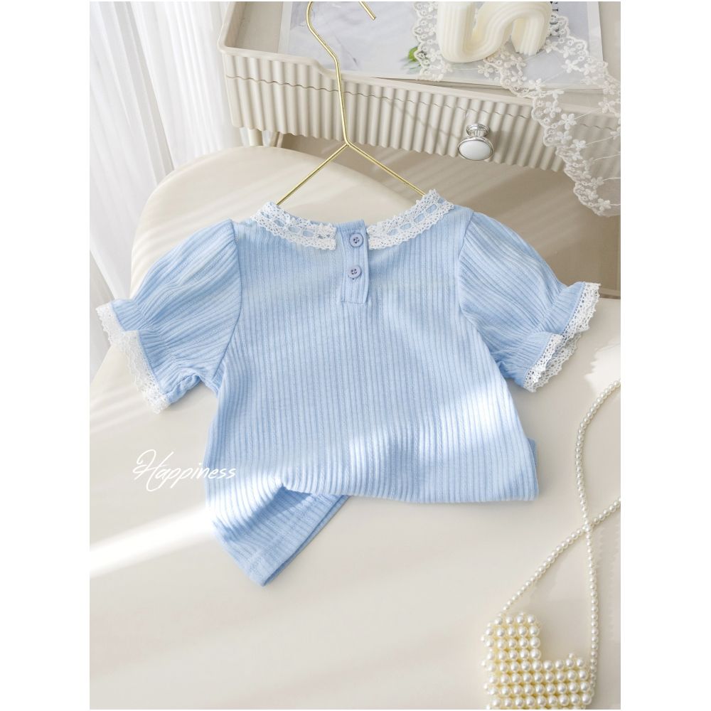 Girls Korean Edition Set Summer New Fashionable Western Lace Short sleeved T shirt Heavy duty Jacquard Pants Skirt Two piece Set Trendy image 4