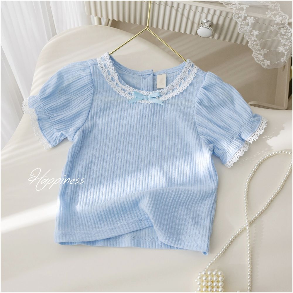 Girls Korean Edition Set Summer New Fashionable Western Lace Short sleeved T shirt Heavy duty Jacquard Pants Skirt Two piece Set Trendy