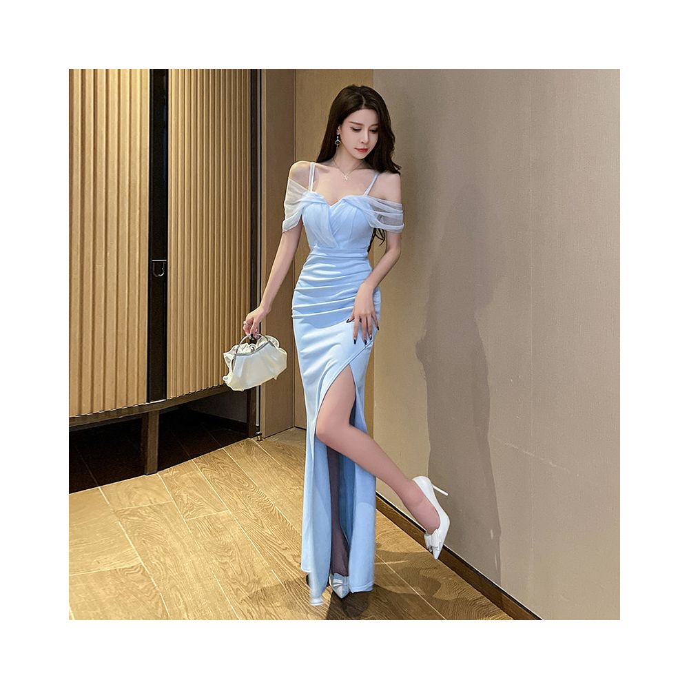 Sexy one shoulder camisole evening gown summer new style karaoke foot bath technician s work clothes slim fit slit hip hugging long skirt