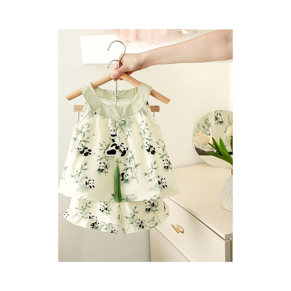 Girls Set Summer 2025 New Baby Style Chinese Style Two piece Set Children s Neck Hanging Strap Shorts image 0