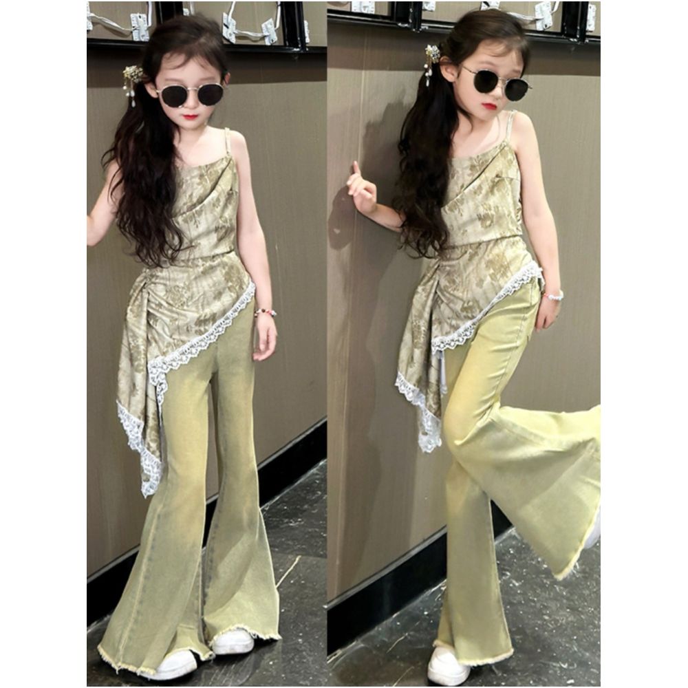 Girls Summer Dress Set 2024 New Style Children s Korean Edition Girls Summer Jeans Strap Skirt Two Piece Set image 0
