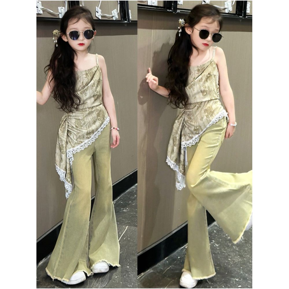 Girls Summer Dress Set 2024 New Style Children s Korean Edition Girls Summer Jeans Strap Skirt Two Piece Set image 1