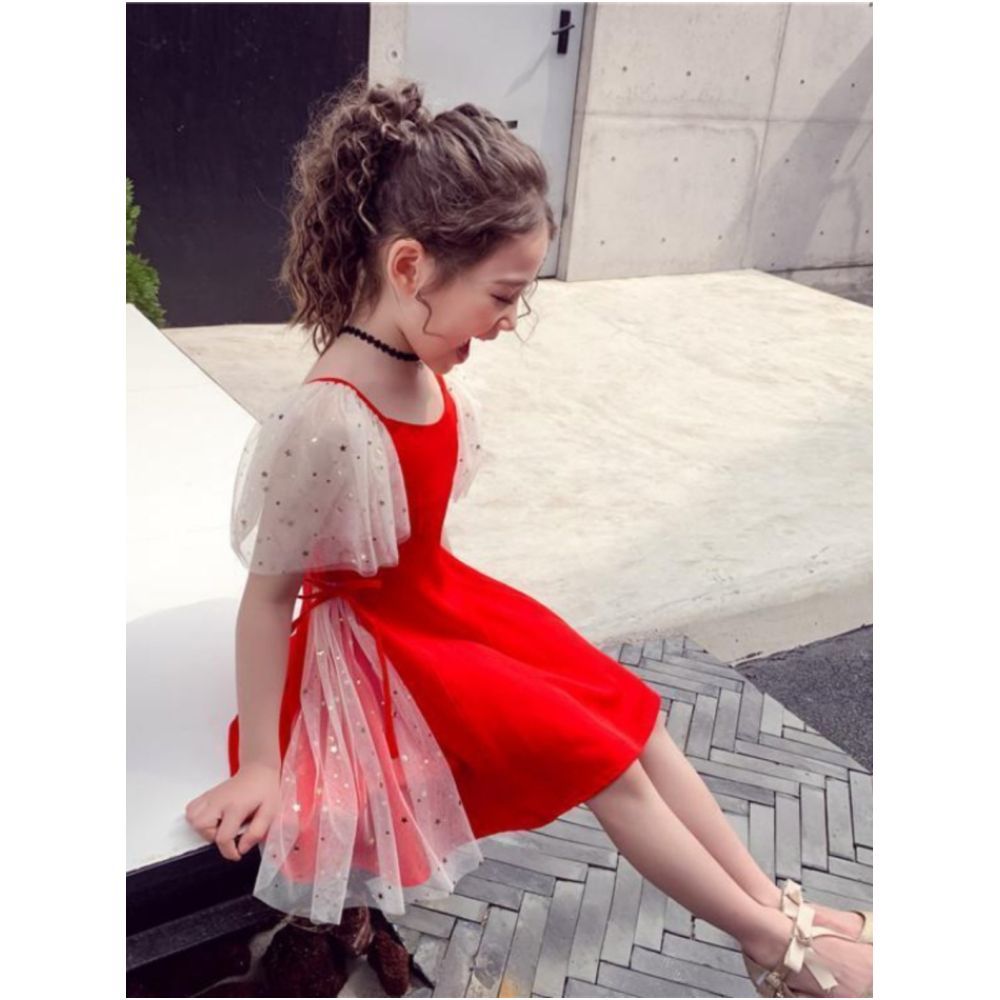 Girls dress red children s dress 2025 new style girls summer dress stylish dress ice silk parent child family dress image 0