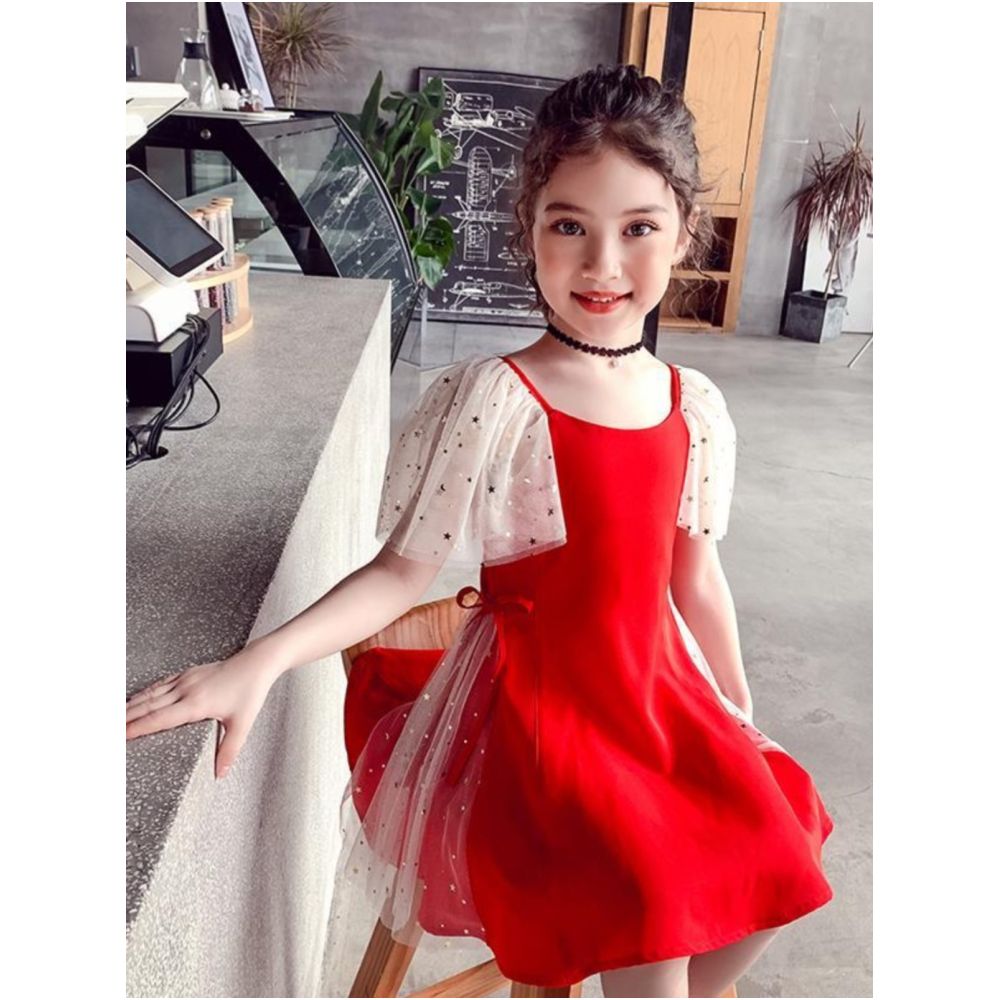 Girls dress red children s dress 2025 new style girls summer dress stylish dress ice silk parent child family dress image 2