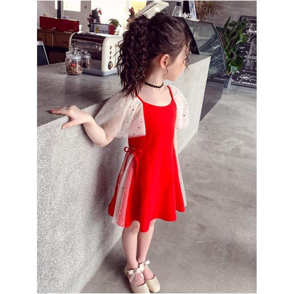 Girls dress red children s dress 2025 new style girls summer dress stylish dress ice silk parent child family dress image 3