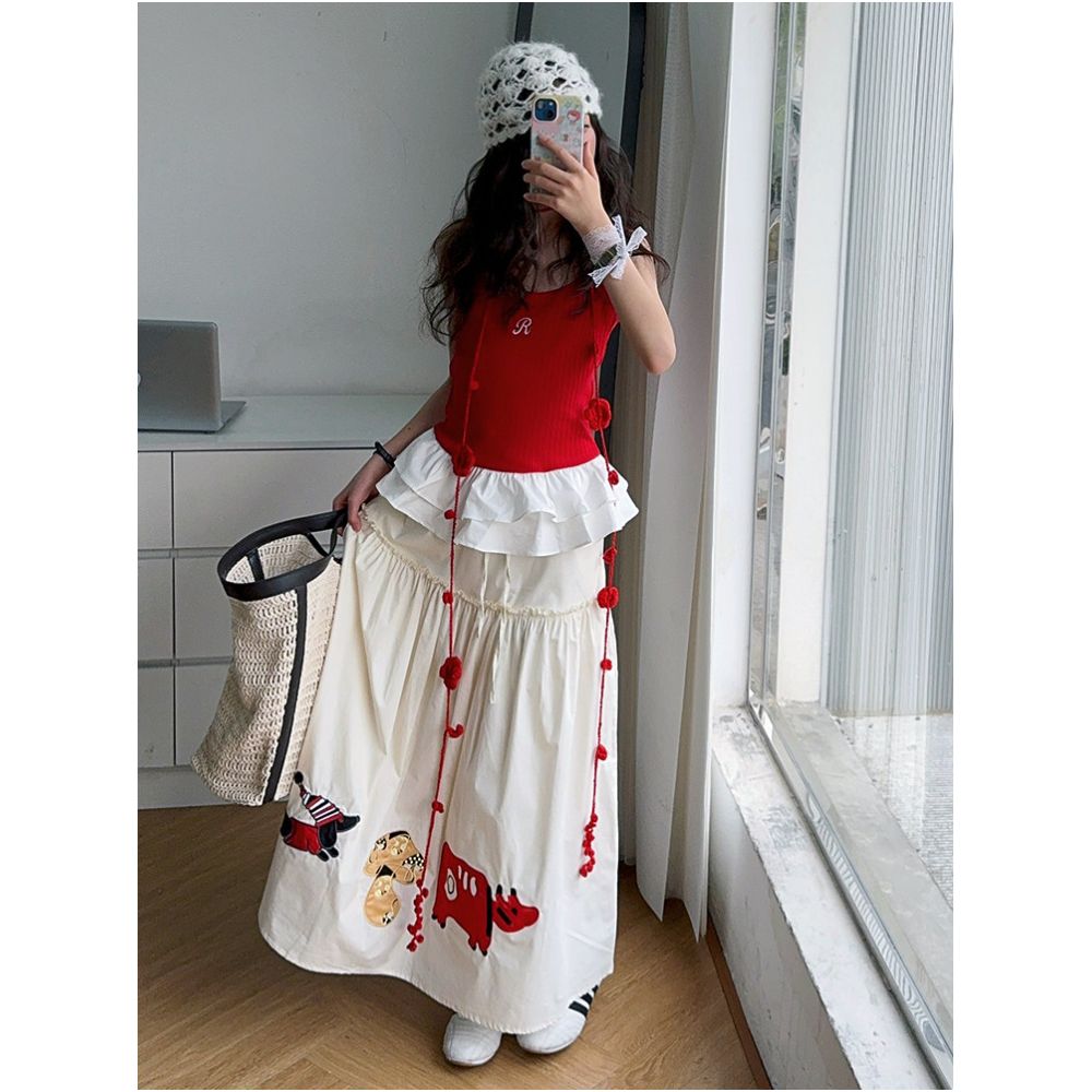 Girls Red Tank Top Set 2025 Summer New Style Girls Embroidered Half Skirt Two Piece Set Summer Fashion image 0