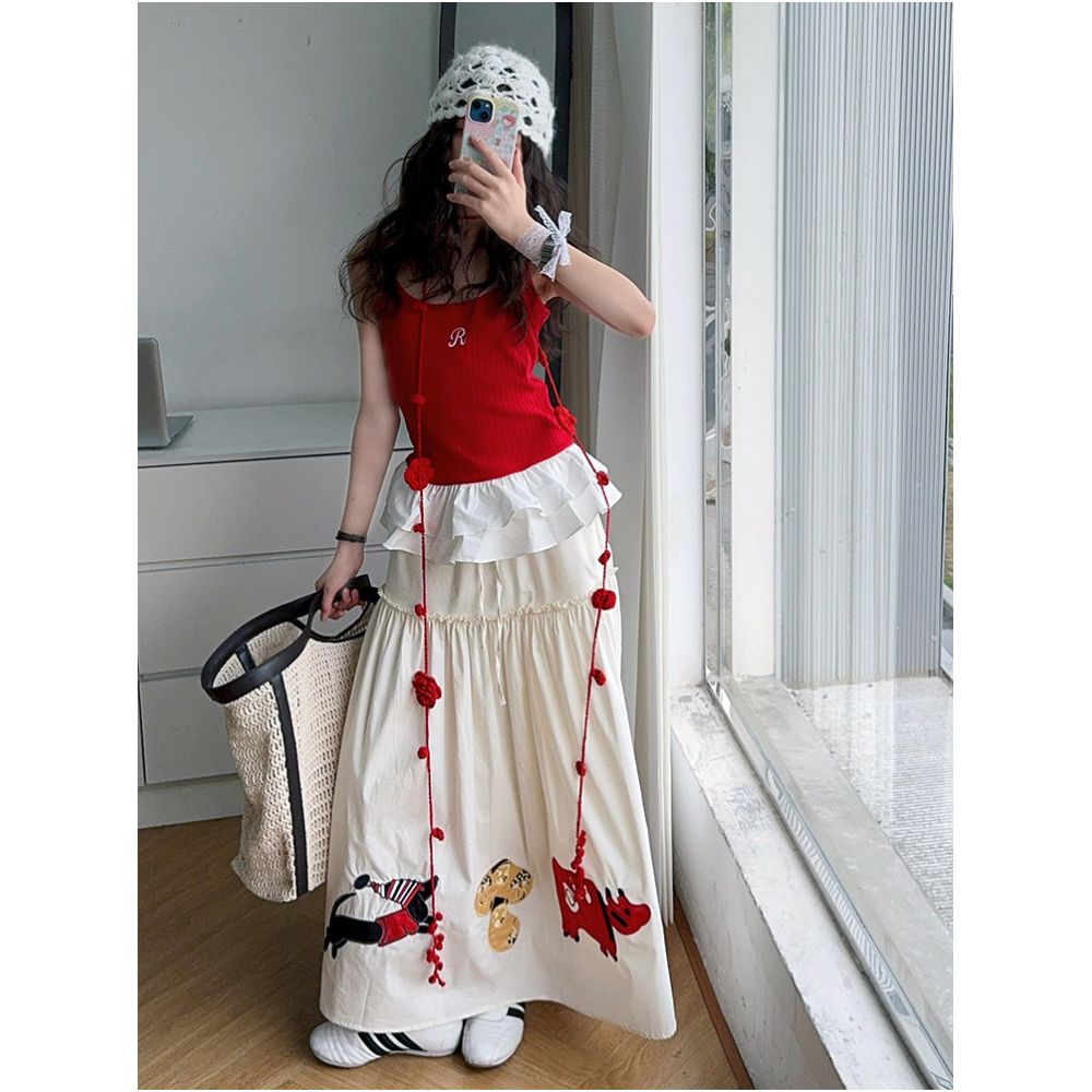 Girls Red Tank Top Set 2025 Summer New Style Girls Embroidered Half Skirt Two Piece Set Summer Fashion image 1