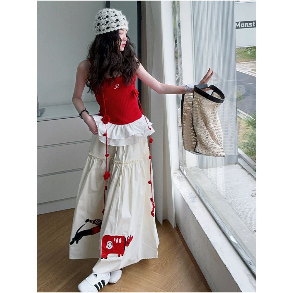 Girls Red Tank Top Set 2025 Summer New Style Girls Embroidered Half Skirt Two Piece Set Summer Fashion image 2