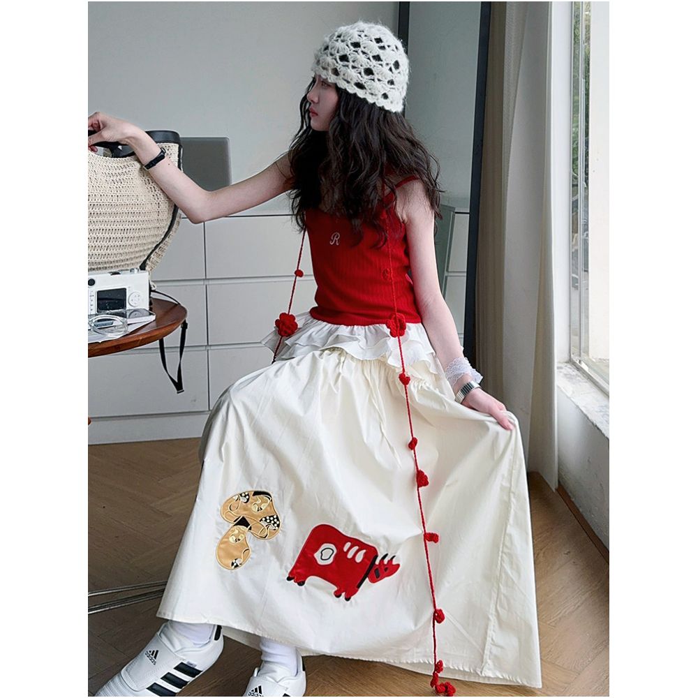 Girls Red Tank Top Set 2025 Summer New Style Girls Embroidered Half Skirt Two Piece Set Summer Fashion image 3