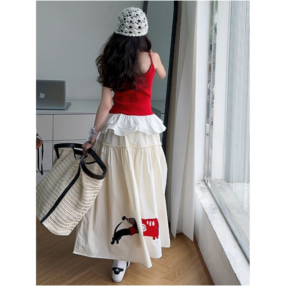 Girls Red Tank Top Set 2025 Summer New Style Girls Embroidered Half Skirt Two Piece Set Summer Fashion image 4
