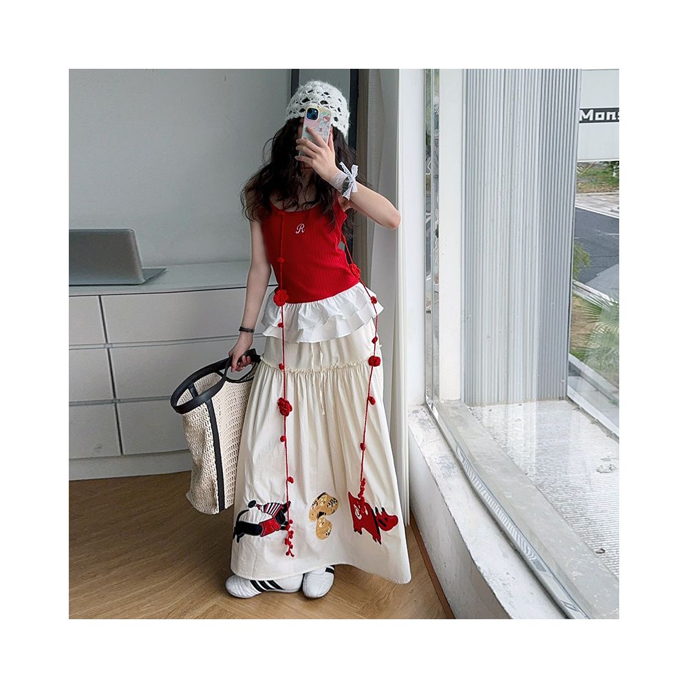 Girls Red Tank Top Set 2025 Summer New Style Girls Embroidered Half Skirt Two Piece Set Summer Fashion