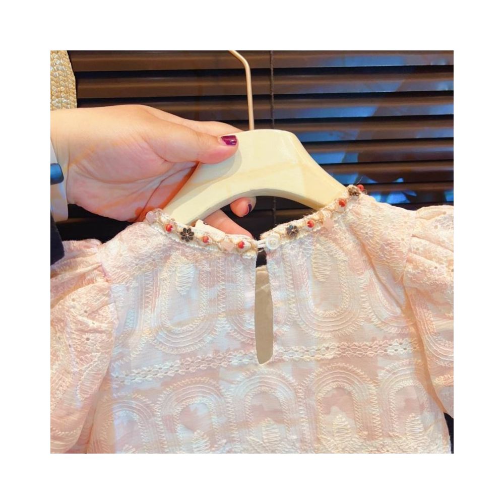 Summer 2025 New Style Girls Lace Bubble Sleeve Skirt Baby Flower Sweet Embroidered Dress image 3