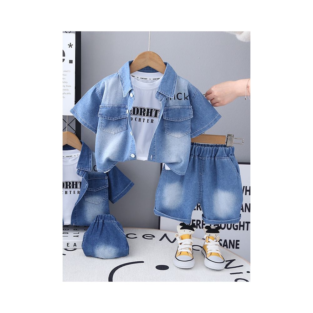 Baby summer three piece set of children s boys clothing boys short sleeved denim shirt set baby summer children s clothing set image 0