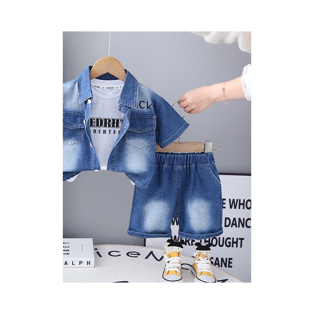 Baby summer three piece set of children s boys clothing boys short sleeved denim shirt set baby summer children s clothing set image 1