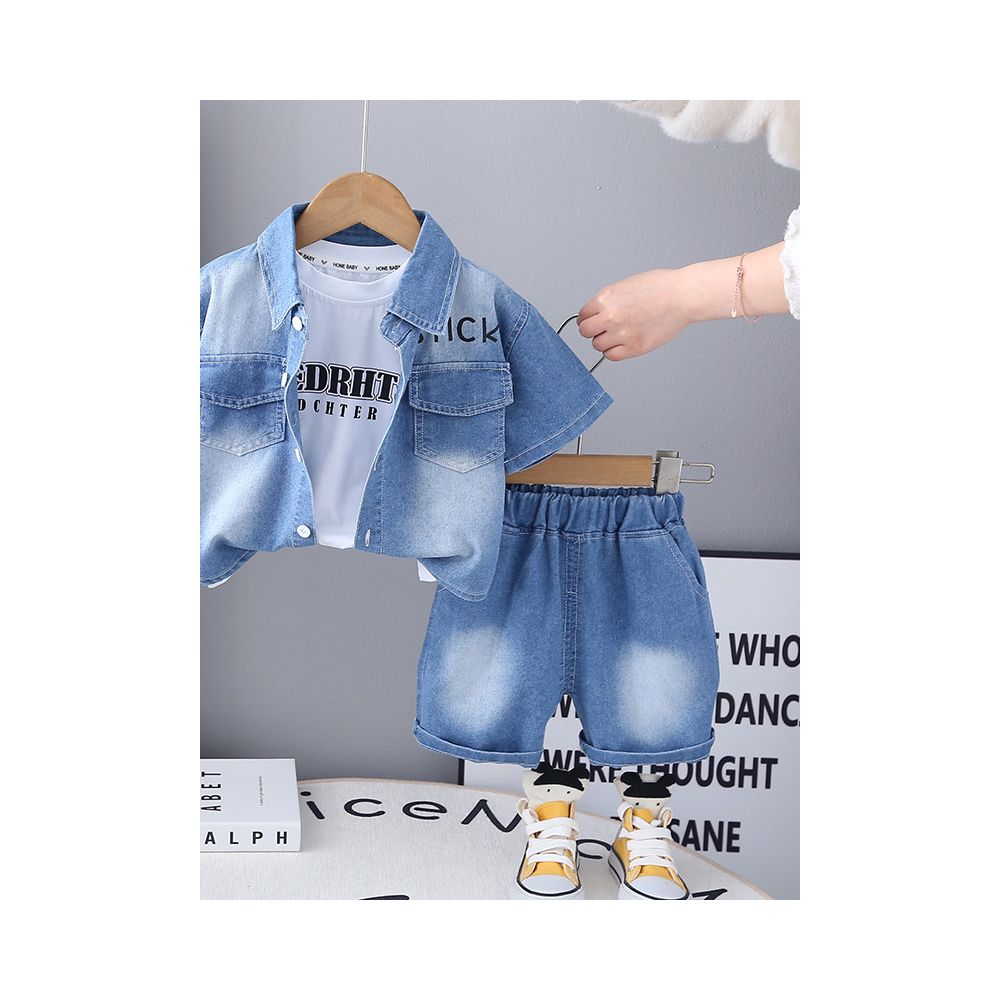 Baby summer three piece set of children s boys clothing boys short sleeved denim shirt set baby summer children s clothing set image 2
