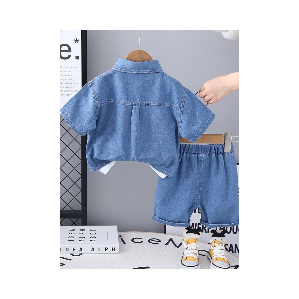 Baby summer three piece set of children s boys clothing boys short sleeved denim shirt set baby summer children s clothing set image 3