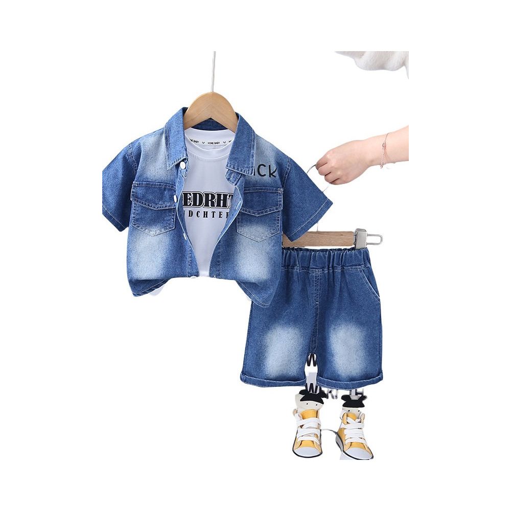Baby summer three piece set of children s boys clothing boys short sleeved denim shirt set baby summer children s clothing set image 4