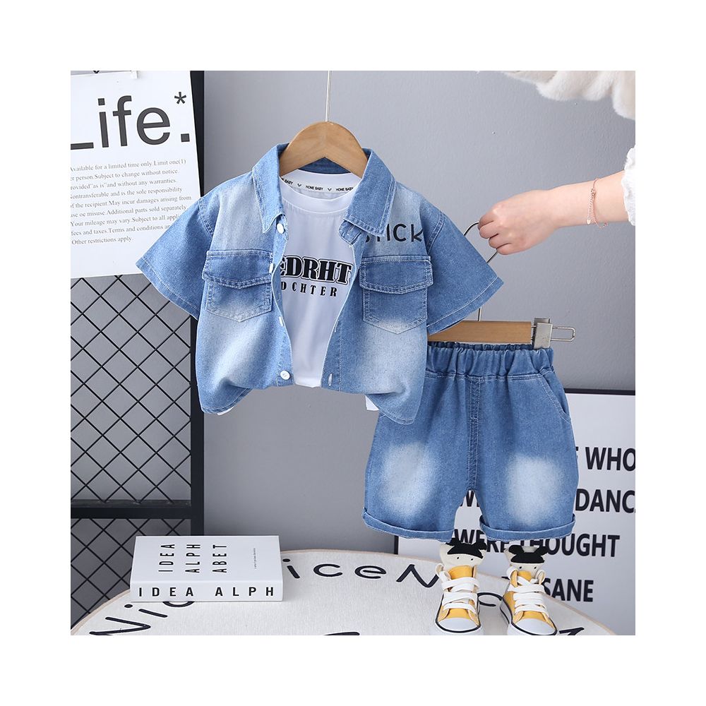 Baby summer three piece set of children s boys clothing boys short sleeved denim shirt set