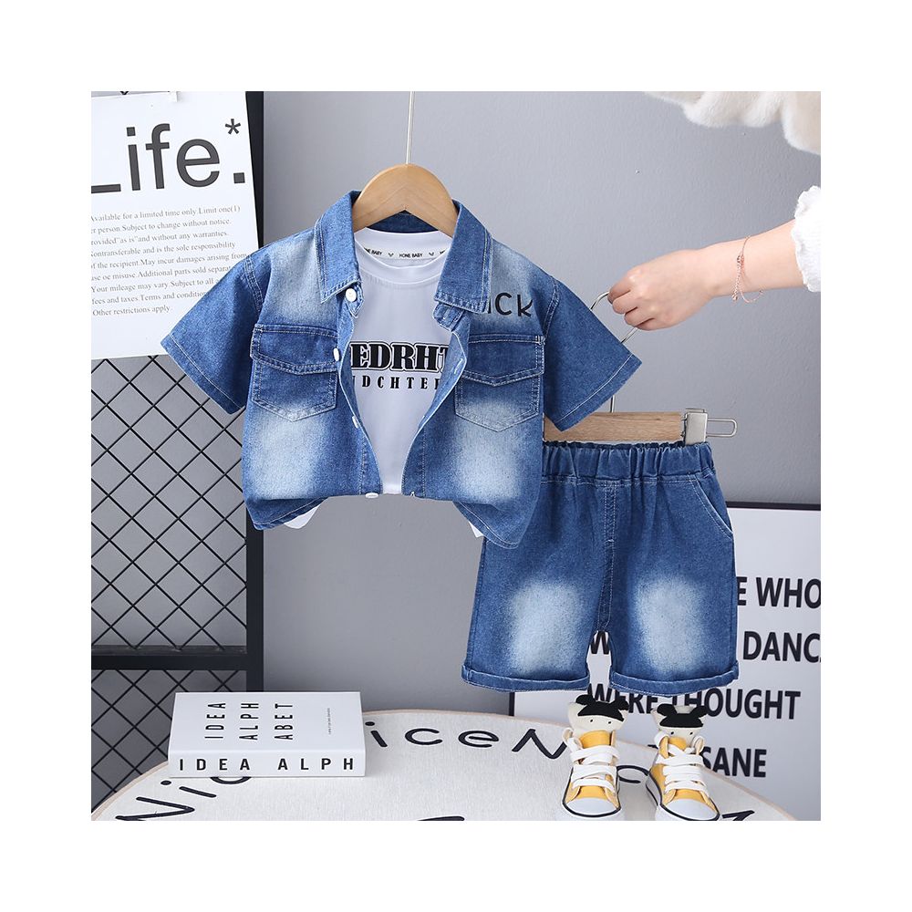 Baby summer three piece set of children s boys clothing boys short sleeved denim shirt set