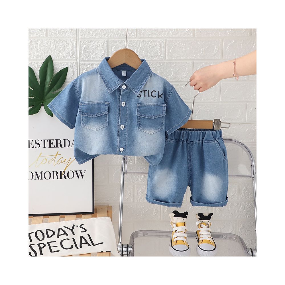 Baby summer three piece set of children s boys clothing boys short sleeved denim shirt set