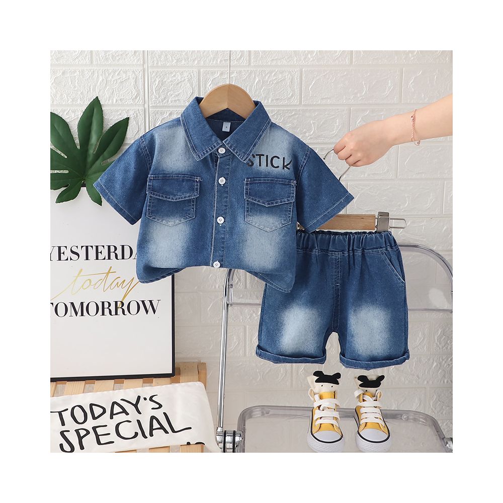 Baby summer three piece set of children s boys clothing boys short sleeved denim shirt set