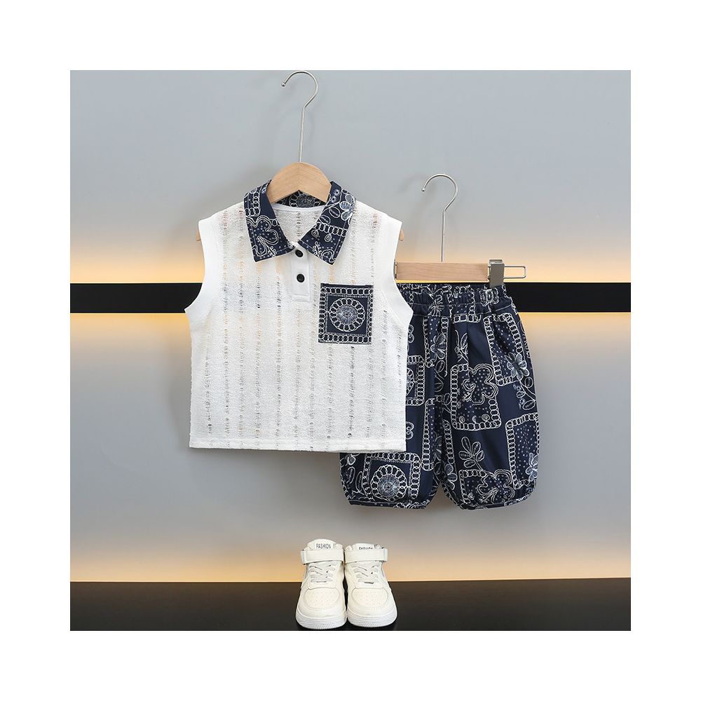 Boys Sleeveless Set Summer Hollow out Sleeveless Polo Shirt 2025 New Children s Pique Handsome Fashionable Thin Two piece Set image 1