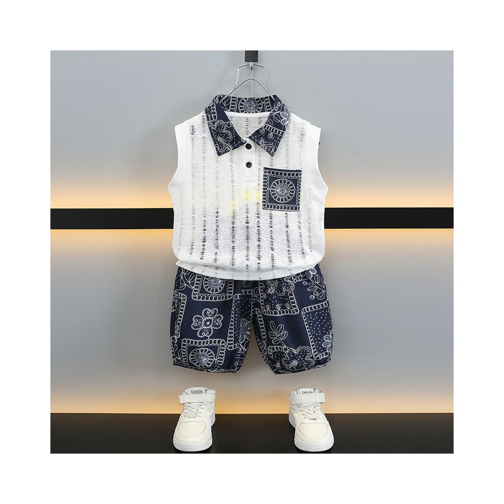 Boys Sleeveless Set Summer Hollow out Sleeveless Polo Shirt New Children s Pique Handsome Fashionable Thin Two piece Set