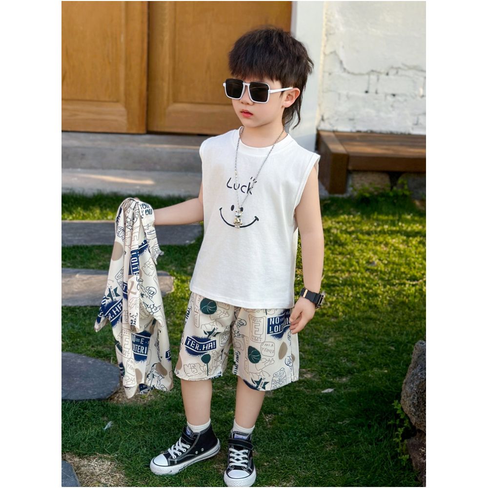 Children s short sleeved thin suit summer boys shorts vest three piece set explosive street baby shirt clothes summer fashion trend image 2