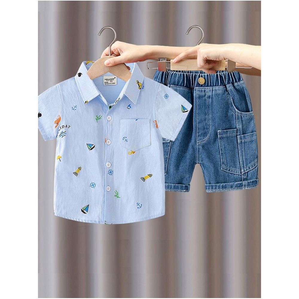 Boys Short sleeved Set 2025 Summer New Style Children s Thin Shirt Cowboy Shorts Casual Two piece Set with Western Style and Trendy Style image 2