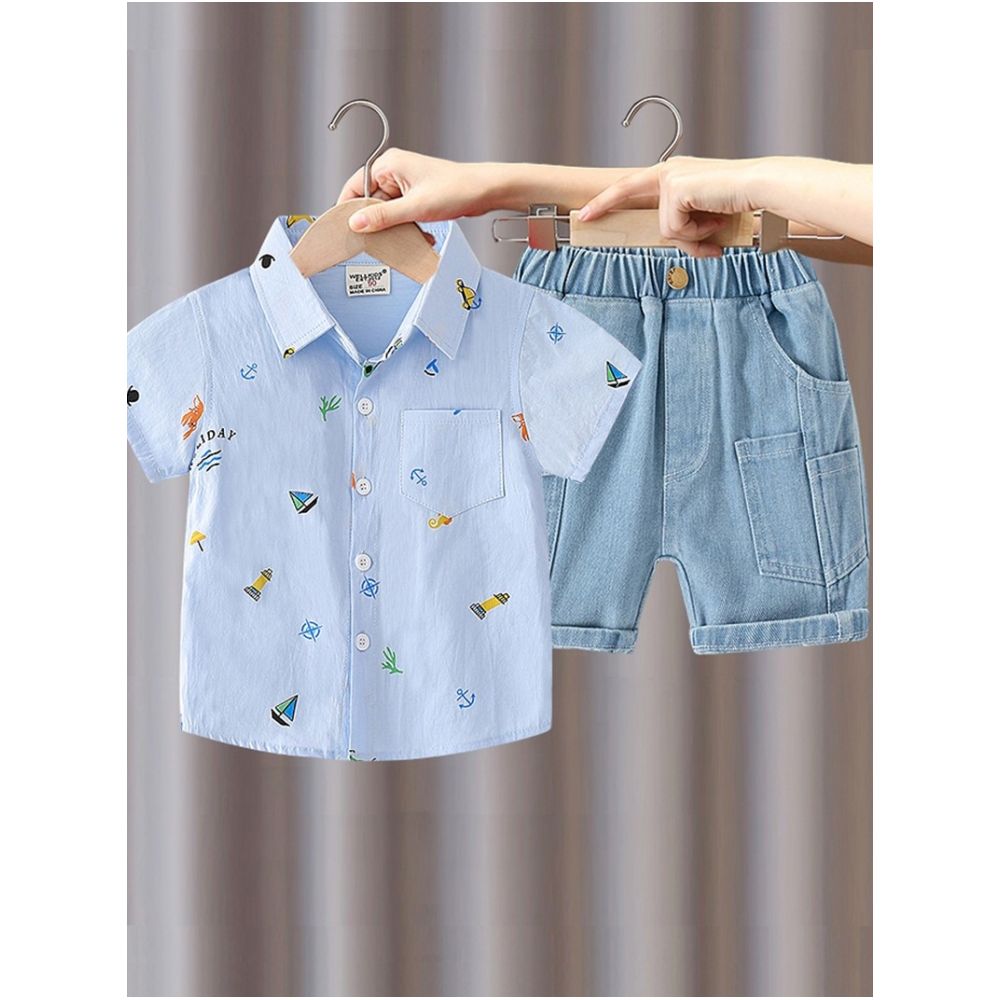 Boys Short sleeved Set 2025 Summer New Style Children s Thin Shirt Cowboy Shorts Casual Two piece Set with Western Style and Trendy Style image 3