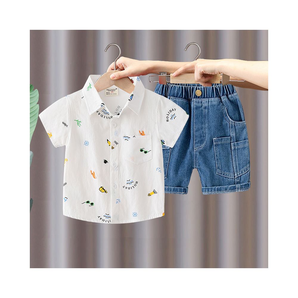 Boys Short sleeved Set 2025 Summer New Style Children s Thin Shirt Cowboy Shorts Casual Two piece Set with Western Style and Trendy Style
