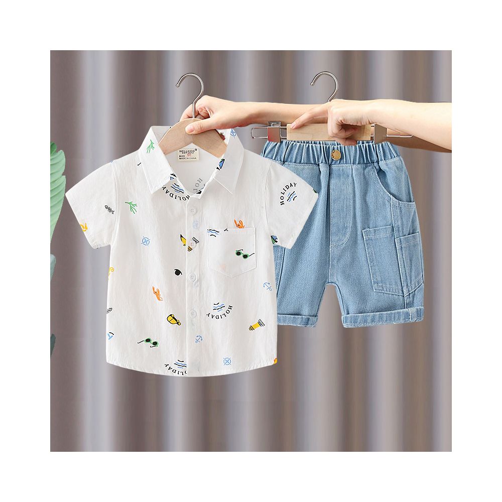 Boys Short sleeved Set 2025 Summer New Style Children s Thin Shirt Cowboy Shorts Casual Two piece Set with Western Style and Trendy Style