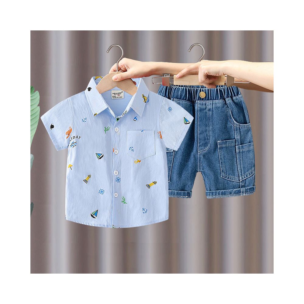 Boys Short sleeved Set 2025 Summer New Style Children s Thin Shirt Cowboy Shorts Casual Two piece Set with Western Style and Trendy Style