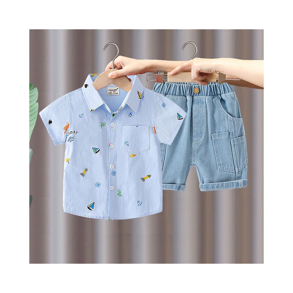 Boys Short sleeved Set 2025 Summer New Style Children s Thin Shirt Cowboy Shorts Casual Two piece Set with Western Style and Trendy Style