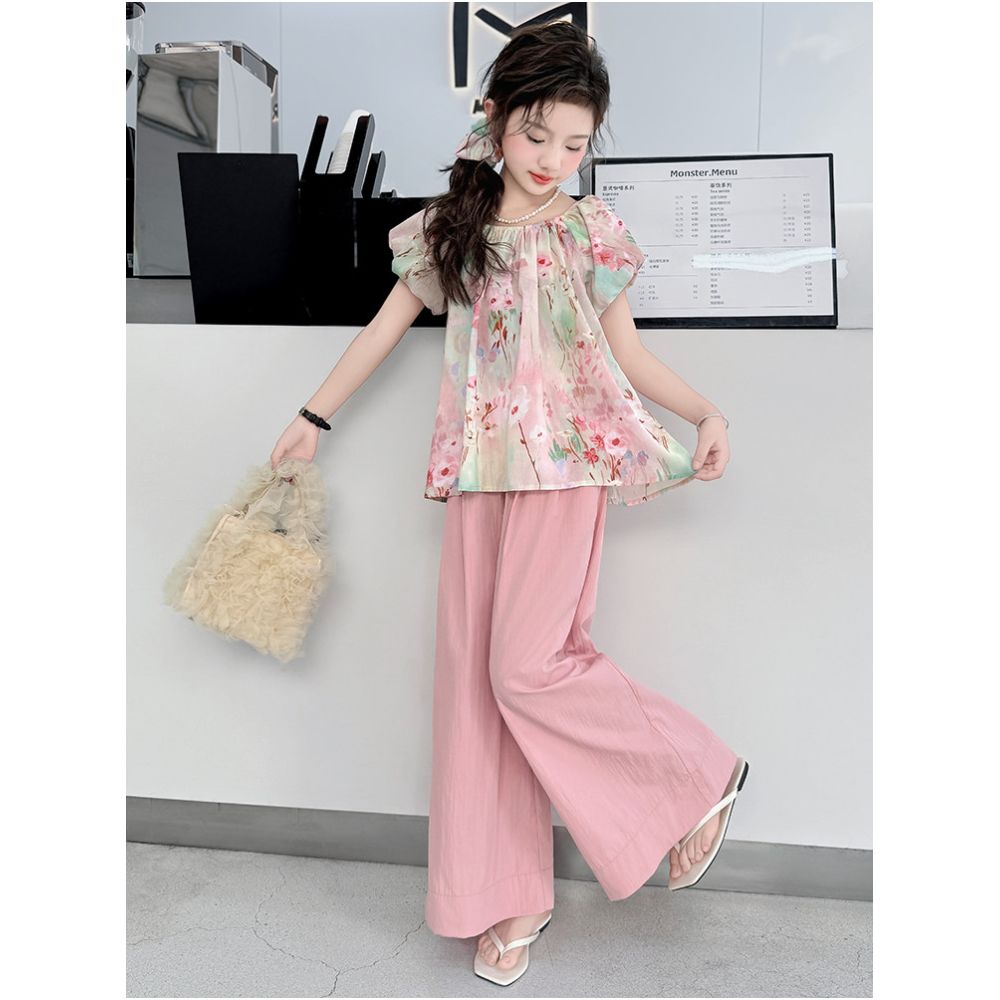 Girls summer floral short sleeved set 2025 new stylish mid size girls summer wide leg pants two piece set image 0