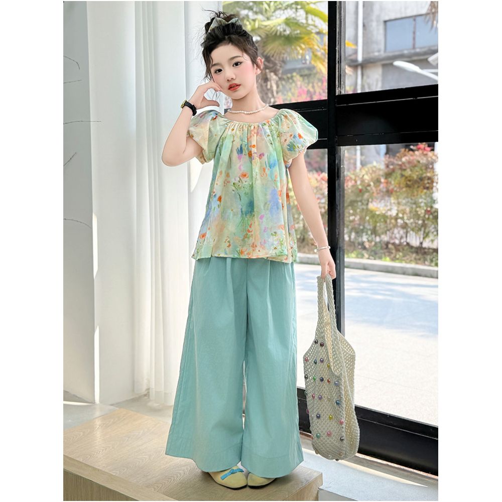 Girls summer floral short sleeved set 2025 new stylish mid size girls summer wide leg pants two piece set image 1