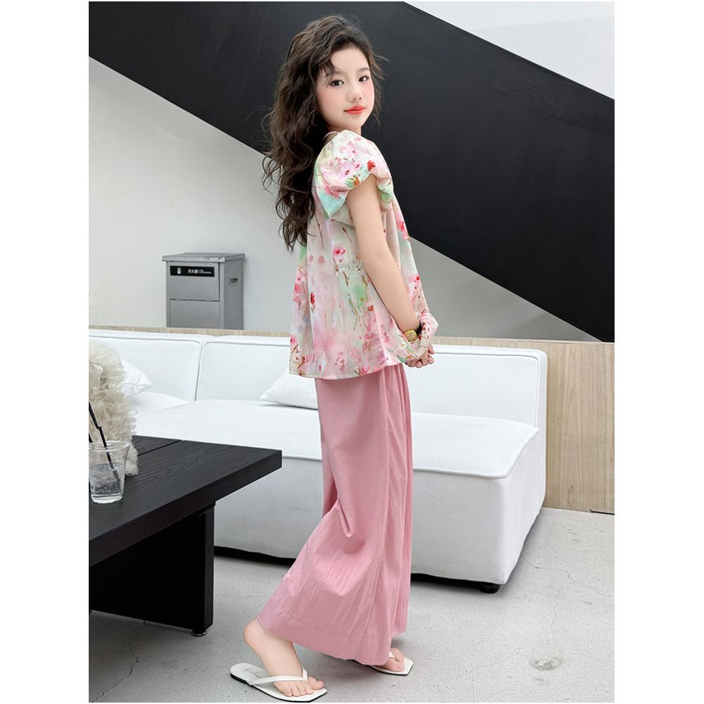 Girls summer floral short sleeved set 2025 new stylish mid size girls summer wide leg pants two piece set image 2