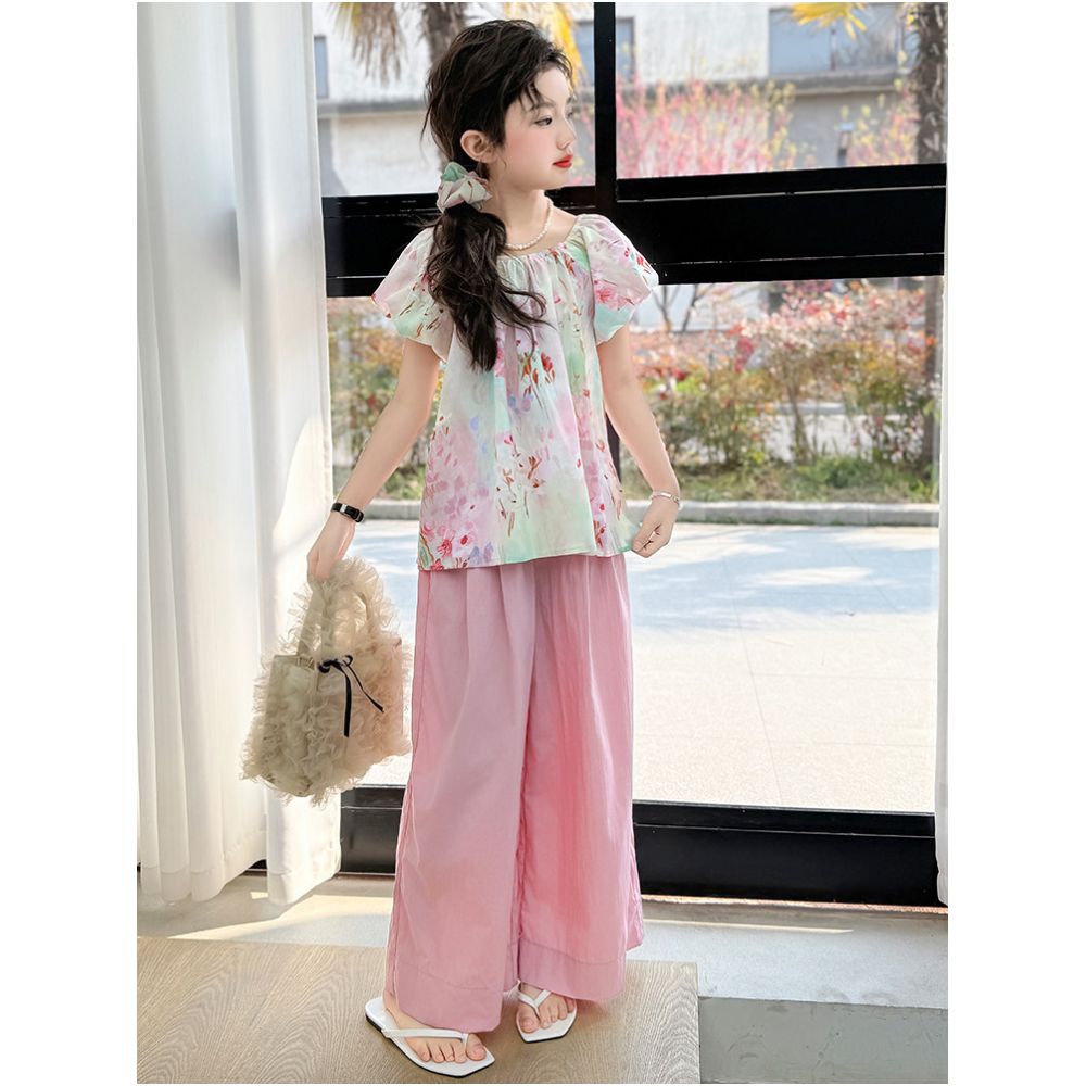 Girls summer floral short sleeved set 2025 new stylish mid size girls summer wide leg pants two piece set image 4