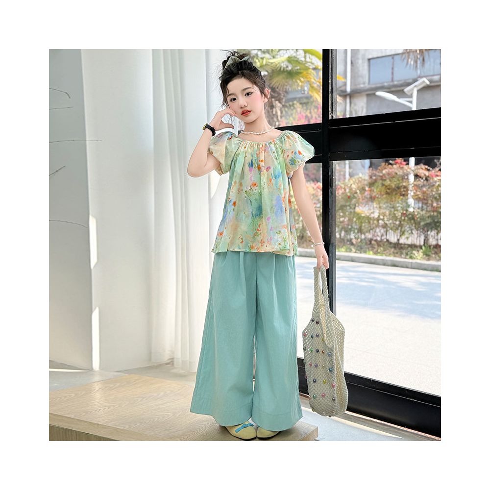 Girls summer floral short sleeved set 2025 new stylish mid size girls summer wide leg pants two piece set