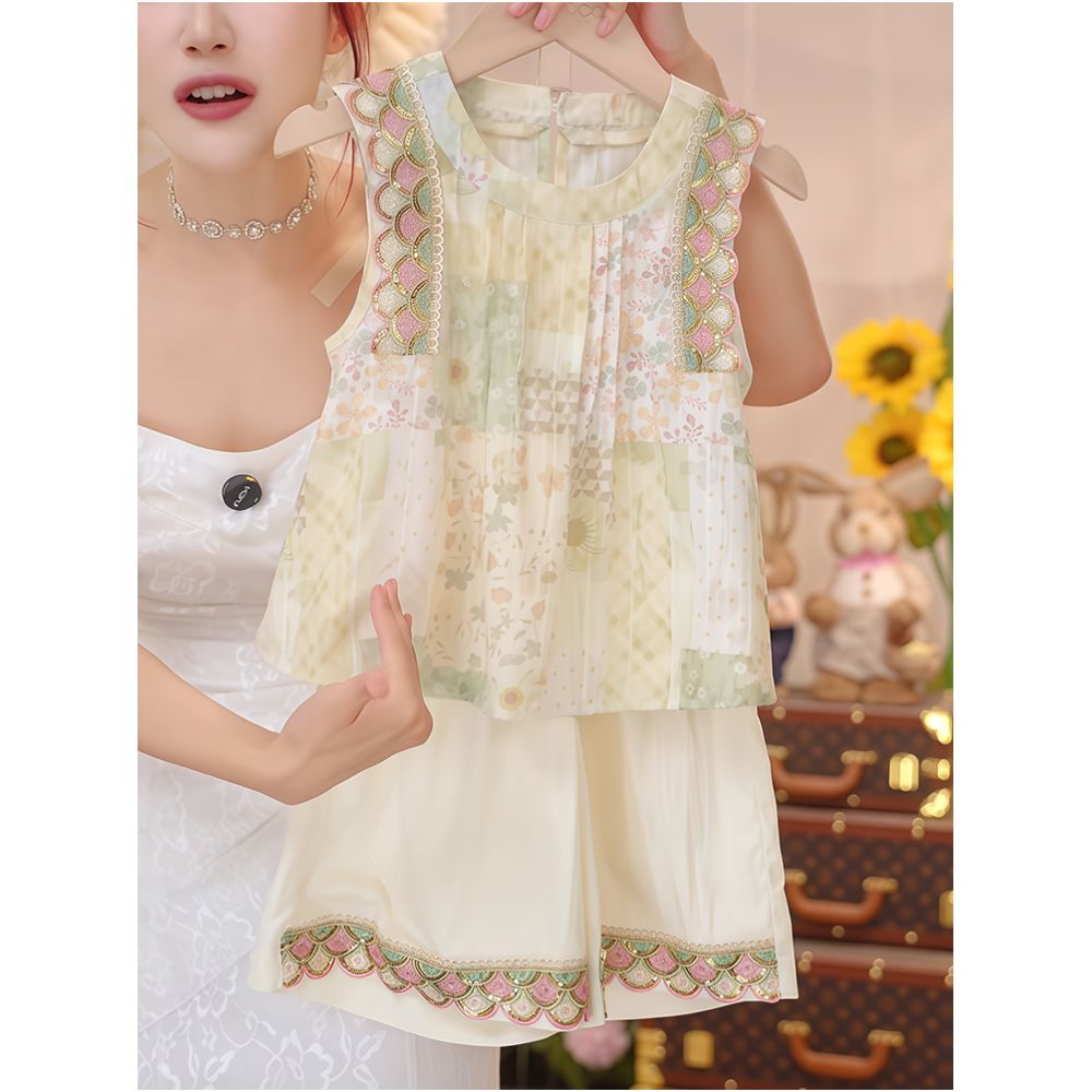 Girl s sleeveless doll shirt seven part pants set for summer 2025 new style sequin floral vest ultra thin two piece set trendy image 2