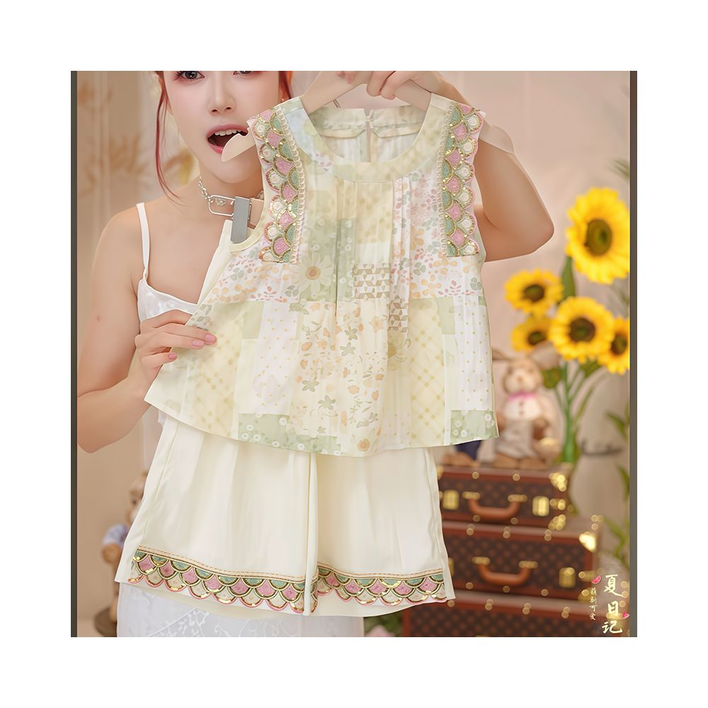 Girl s sleeveless doll shirt seven part pants set for summer 2025 new style sequin floral vest ultra thin two piece set trendy