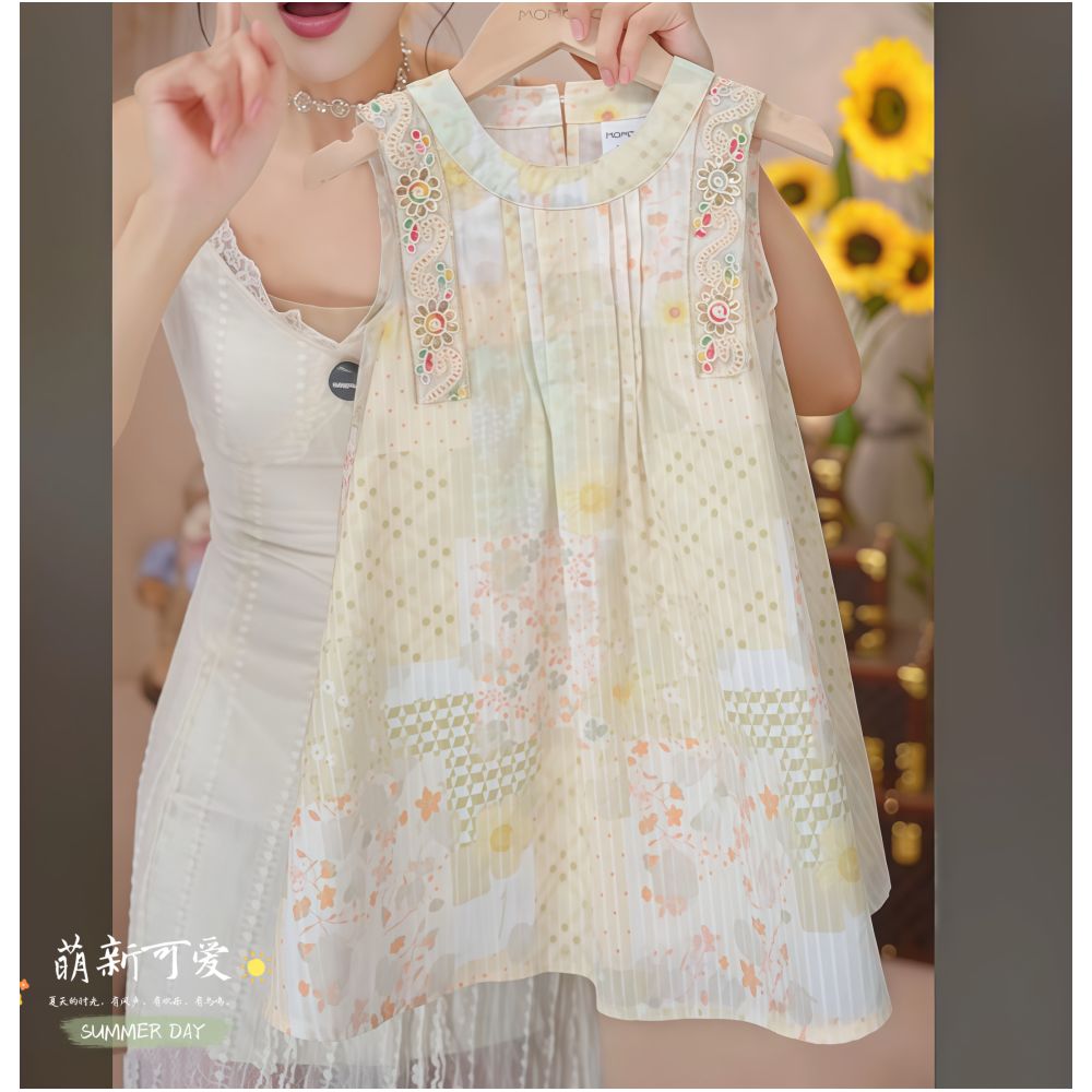 Girl s sleeveless doll shirt seven part pants set for summer 2025 new style sequin floral vest ultra thin two piece set trendy