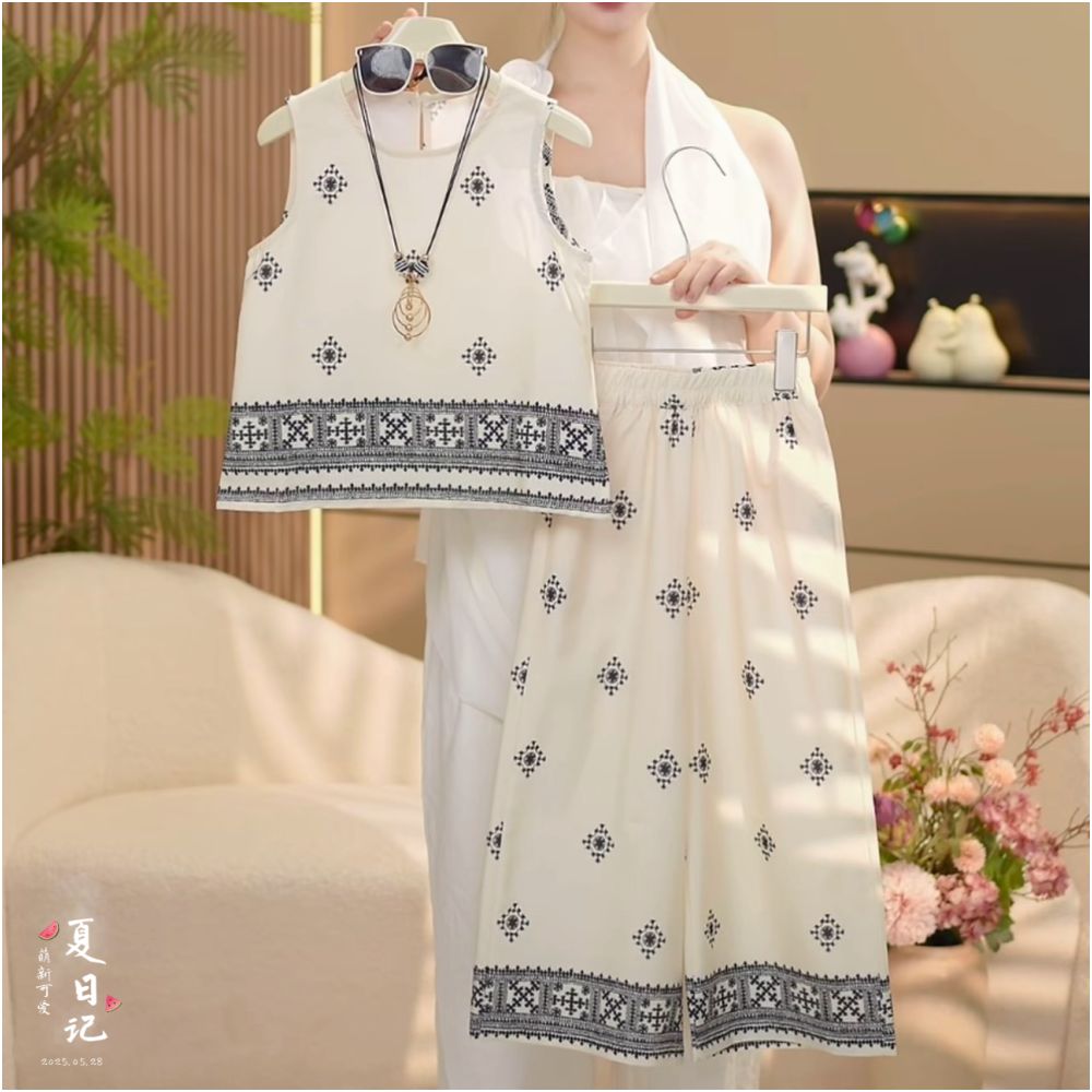 Girl s sleeveless doll shirt seven part pants set for summer 2025 new style sequin floral vest ultra thin two piece set trendy