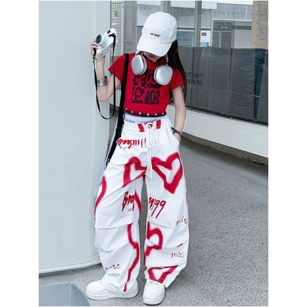 Girl s design sense niche white heart print elastic waist work pants casual women s summer wide leg pants set