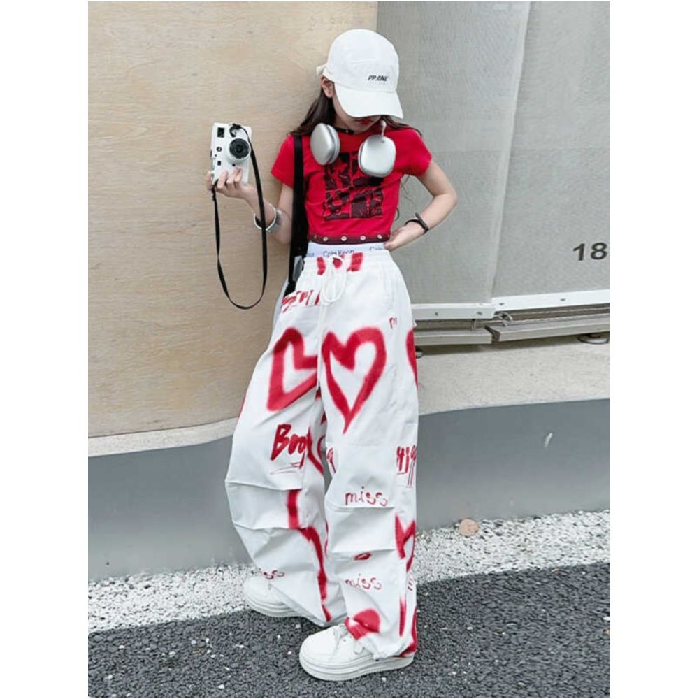 Girl s design sense niche white heart print elastic waist work pants casual women s summer wide leg pants set image 1