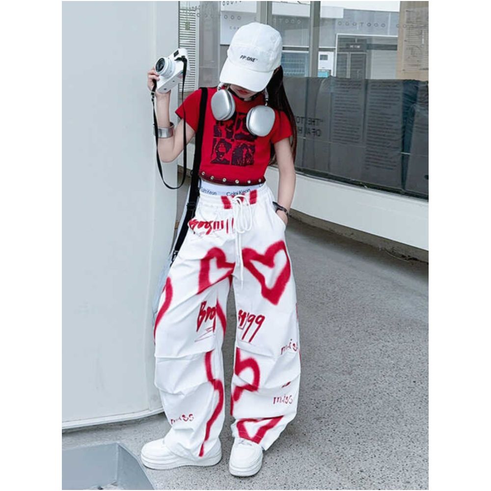Girl s design sense niche white heart print elastic waist work pants casual women s summer wide leg pants set image 2