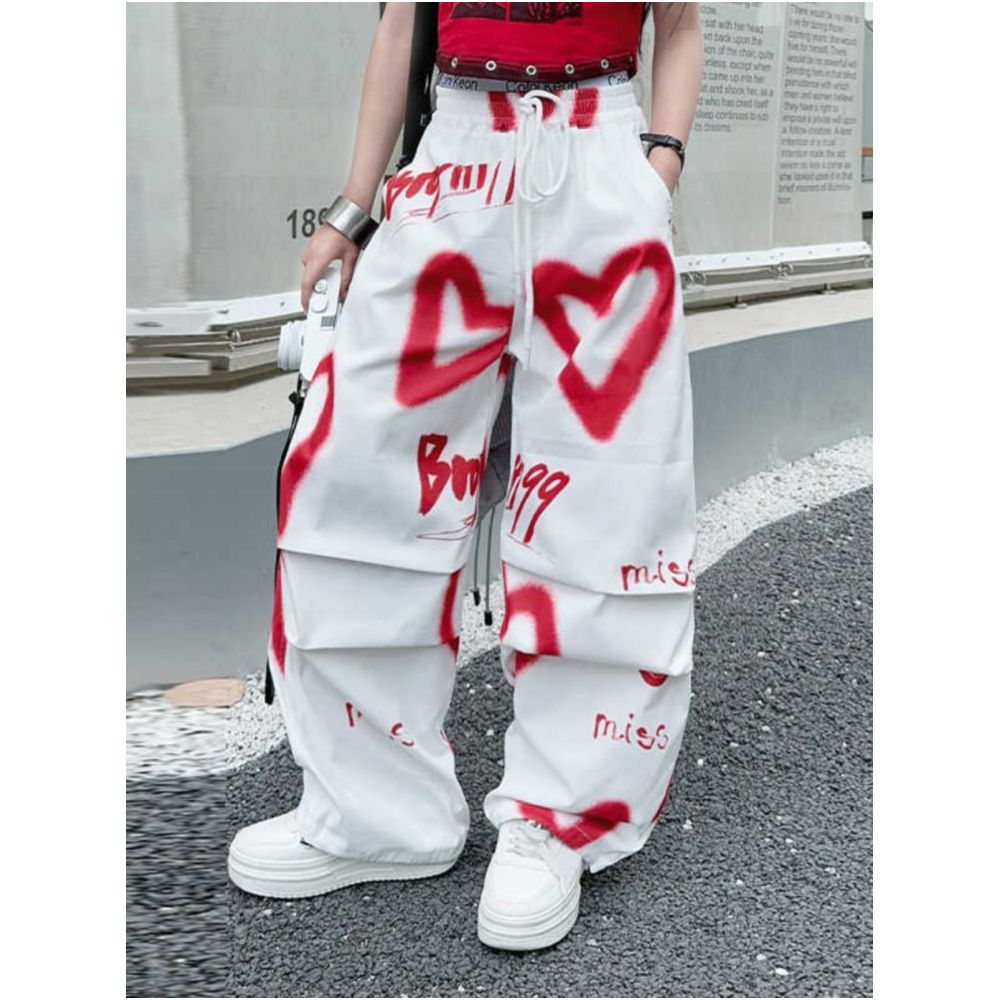 Girl s design sense niche white heart print elastic waist work pants casual women s summer wide leg pants set image 3