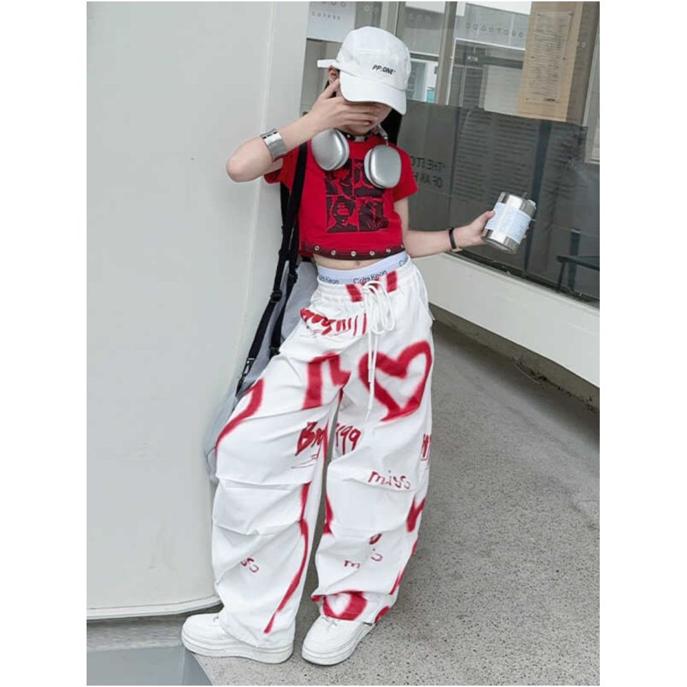 Girl s design sense niche white heart print elastic waist work pants casual women s summer wide leg pants set image 4