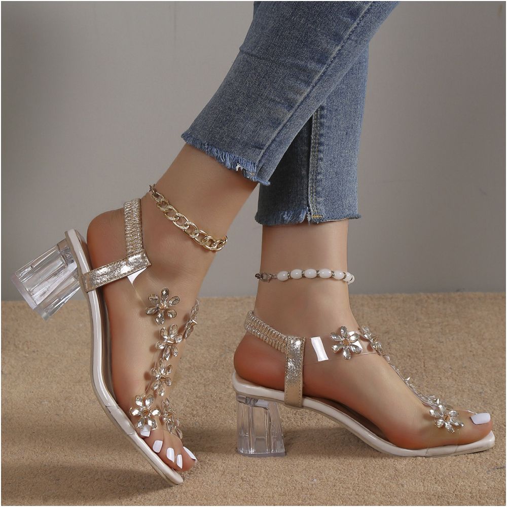 2025 Summer New Foreign Trade Large Sandals for Women Coarse Heels with rhinestones and open toe High Heels Elastic and Fashionable Women s Shoes image 2
